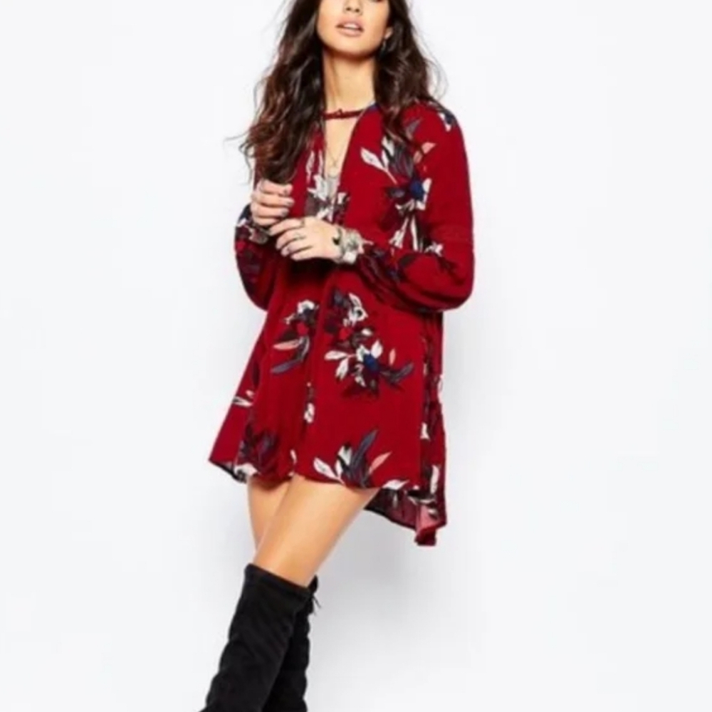 Free People Electric Orchid Tree Swing Tunic Dress Red Boho Peasant Festival XS - Picture 3 of 17